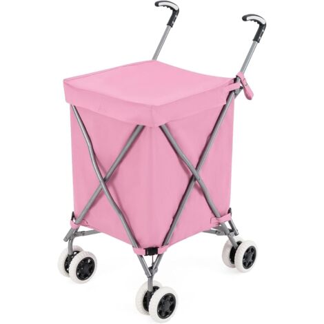 COSTWAY Chariot de Courses Pliable 90 L Sac Oxford Amovible Impermeable et 2 Roues Freinage, Caddie Marché Structure en Acier en Forme de X, Charge 54 kg (Rose)