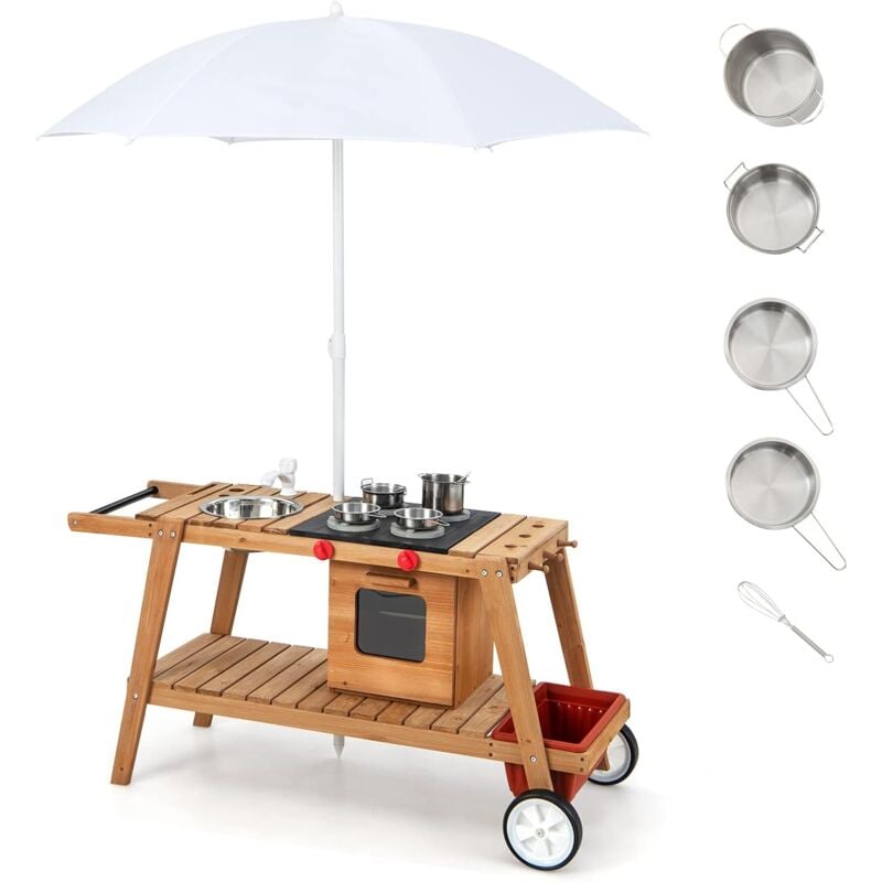 Chariot de Cuisine Extérieur pour Enfants avec Parasol Amovible, Cuisine Enfants en Bois avec Accessoires Sucrés, Cuisinière d'Imitation pour