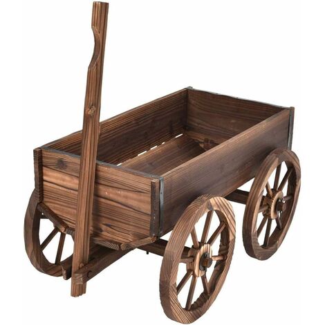Costway – Chariot de jardin en sapin massif – Brouette à fleurs avec poignée réglable – Trou de drainage – 4 roues pour transport facile