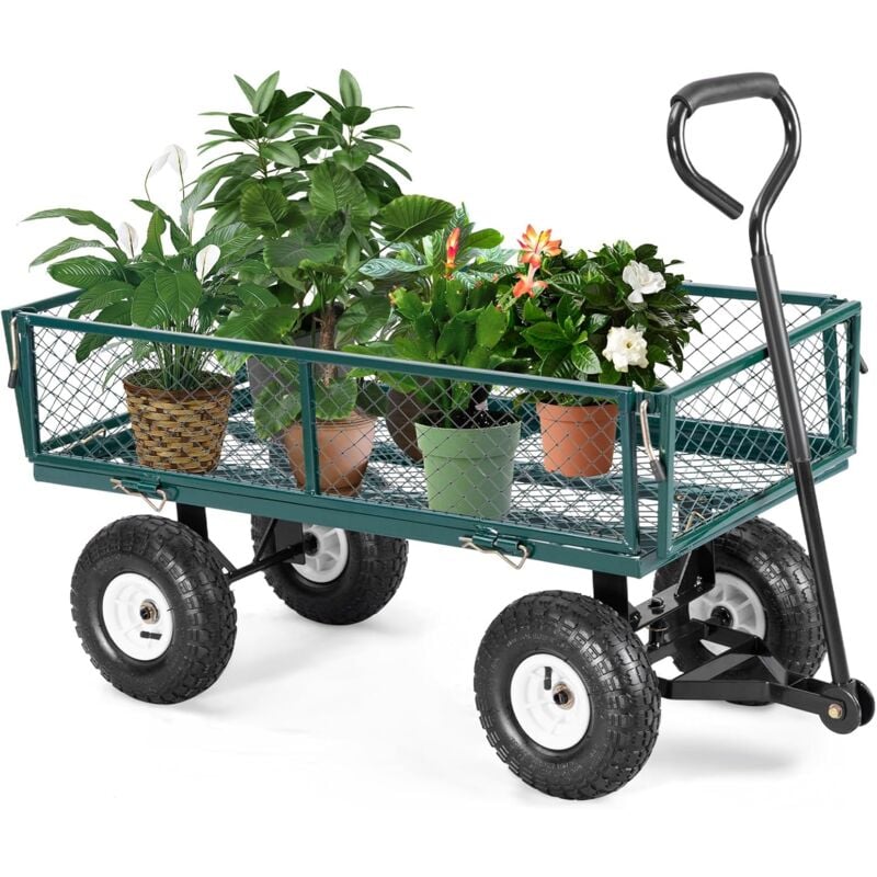 Costway - Chariot de Jardinage en Métal Charge 200 kg, Chariot Utilitaire de Jardin avec Côtés Amovibles et Long Manche, Chariot de Transport avec 4