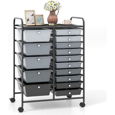 COSTWAY Chariot de Rangement 15 Tiroirs en PP Empilables Amovibles, Tour de Rangement à Roulette, Cadre en Métal, pour École, Bureau, 63x37x87cm, Noir+Noir