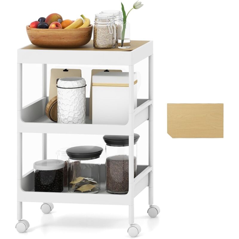 Costway - Chariot de Rangement 3 Niveaux, Desserte à roulettes avec Plateau Amovible, Rangement Caché, Design Compact, Étagère sur Roulette pour