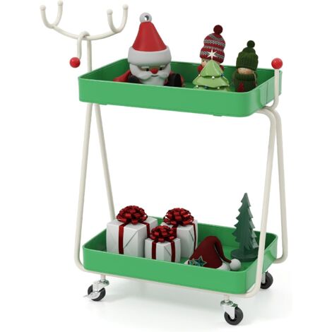 COSTWAY Chariot de Rangement à roulettes à 2 Niveaux, Chariot de Service de Renne de Noël, Cadre en Métal, Roues Universelles, Desserte à roulettes pour Salon Chambre Bureau (55,5 x 28,5 x 66,5 cm)