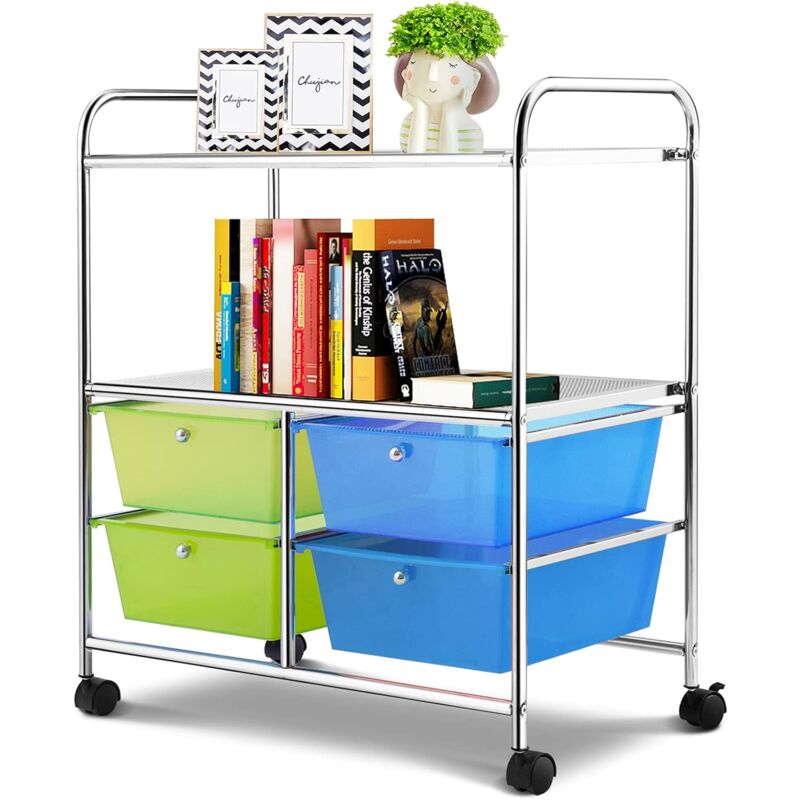 Costway - Chariot de Rangement à roulettes avec 4 Tiroirs Plastiques, Tour de Rangement, Cadre en Métal, Desserte à roulettes pour Bureau, Salon,