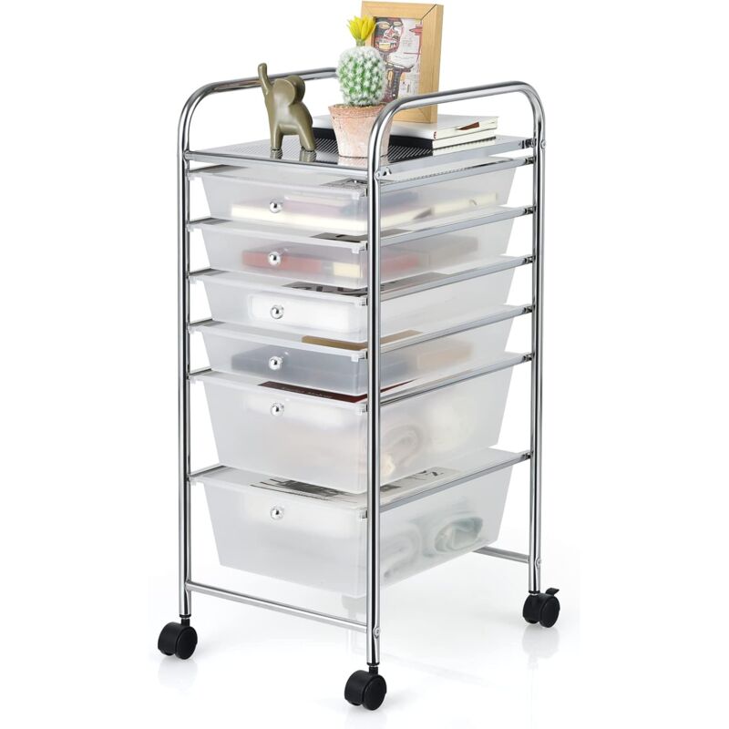 COSTWAY Chariot de Rangement à Roulettes avec 6 Tiroirs Plastiques, Tour de Rangement, Cadre en Métal, Desserte à Roulettes pour Bureau, Salon,