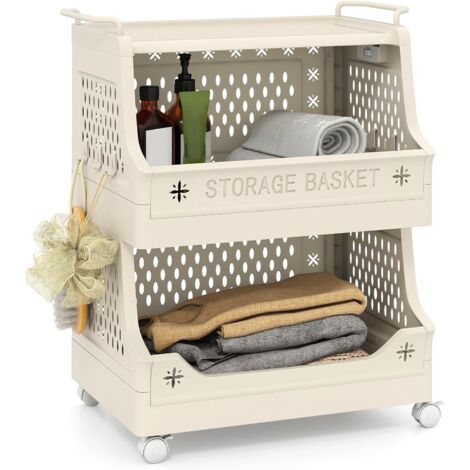 COSTWAY Chariot de Rangement à roulettes, Chariot de Service Empilable en PP avec Poignées, 6 Crochets Latéral, Design Creuse, Desserte à roulettes pour Salon Buanderie Salle de Bain (3 Niveaux)