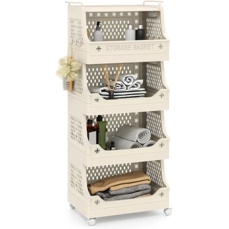 COSTWAY Chariot de Rangement à roulettes, Chariot de Service Empilable en PP avec Poignées, 6 Crochets Latéral, Design Creuse, Desserte à roulettes pour Salon Buanderie Salle de Bain (5 Niveaux)
