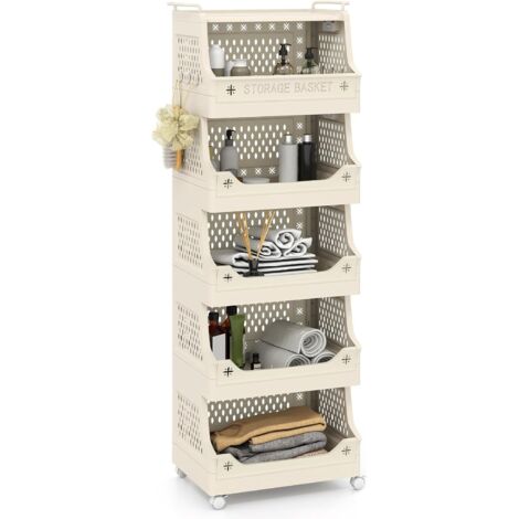 COSTWAY Chariot de Rangement à roulettes, Chariot de Service Empilable en PP avec Poignées, 6 Crochets Latéral, Design Creuse, Desserte à roulettes pour Salon Buanderie Salle de Bain (6 Niveaux)