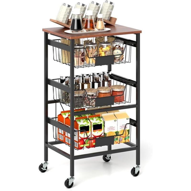 Costway - Chariot de Rangement à roulettes, Desserte 4 Niveaux, Paniers Extractible, Étiquettes diy au Craie, Plateau en Bois, Etagere Cuisine pour