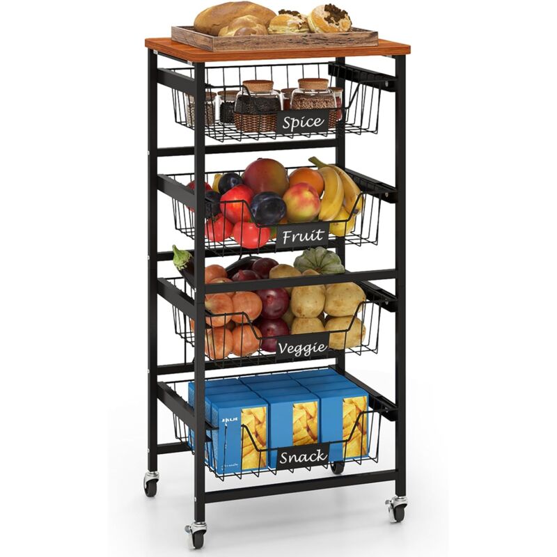 Costway - Chariot de Rangement à roulettes, Desserte 4 Niveaux, Paniers Extractible, Étiquettes diy au Craie, Plateau en Bois, Etagere Cuisine pour
