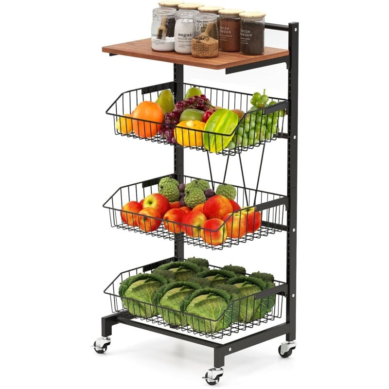 Costway - Chariot de Rangement à roulettes, Desserte 4 Niveaux, Paniers Réglables en Hauteur et Amovibles, Plateau Supérieur en Bois, Etagere Cuisine