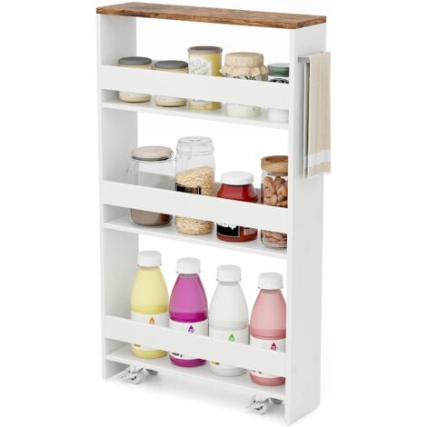 COSTWAY Chariot de Rangement à Roulettes, Desserte de Cuisine à 4 Niveaux avec Poignée Latérale et Roues Invisibles, Design Étroit, 47,5 x 13 x 80,5 cm, Blanc