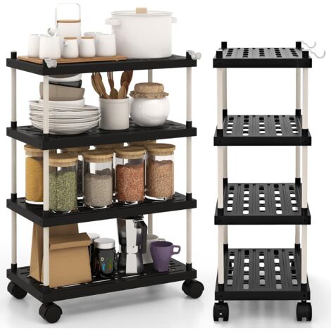 Costway – Chariot de rangement étroit 4 niveaux – Desserte à roulettes avec crochets – Dimensions 40 x 21 x 59,5 cm – Construction robuste en PET et métal – Noir