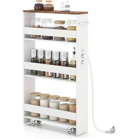 COSTWAY Chariot de Rangement Roulant 13 cm, Mltiprise avec Ports USB, Desserte de Cuisine à 4 Niveaux, roulettes avec Frein et Poignée Latérale, Design Étroit pour Petit Espace (Blanc + Indstriel)