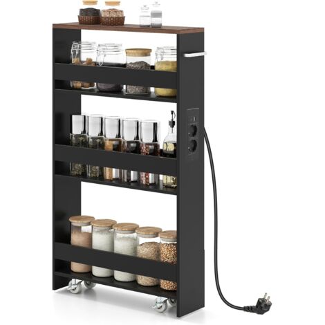 COSTWAY Chariot de Rangement Roulant 13 cm, Mltiprise avec Ports USB, Desserte de Cuisine à 4 Niveaux, roulettes avec Frein et Poignée Latérale, Design Étroit pour Petit Espace (Noir + Brun)