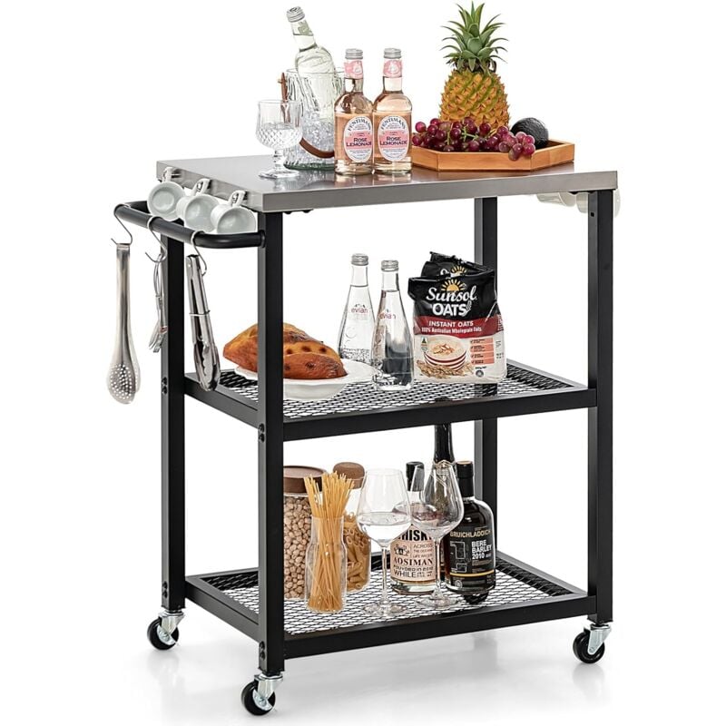 Chariot de Service d'Extérieur à 3 Étagères, Desserte de Jardin avec Plateau et Poignée en Acier Inoxydable 3 Crochets, Table de Four à Pizza Mobile