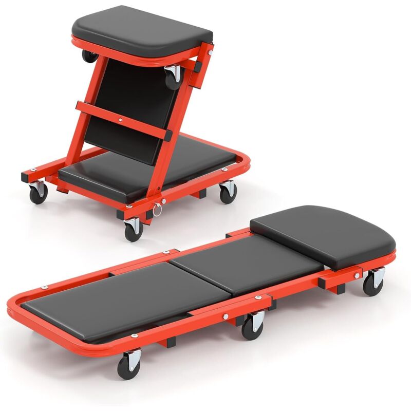 COSTWAY Chariot de Visite Pliable, Tabouret d'Atelier Convertible avec Siège Rembourré 6 roulettes, Planche de Travail Mécanicien pour Garage