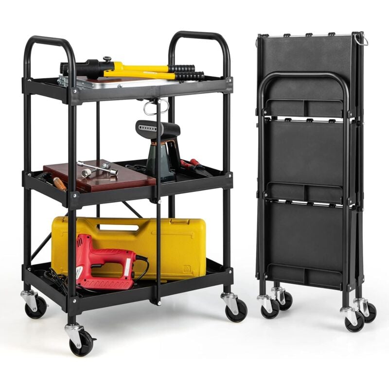 Chariot à Outils Pliant à 3 Niveaux avec Roues Universelles 4 Rainures et Mains Courantes Servante d'Atelier Charge 45 kg - Costway