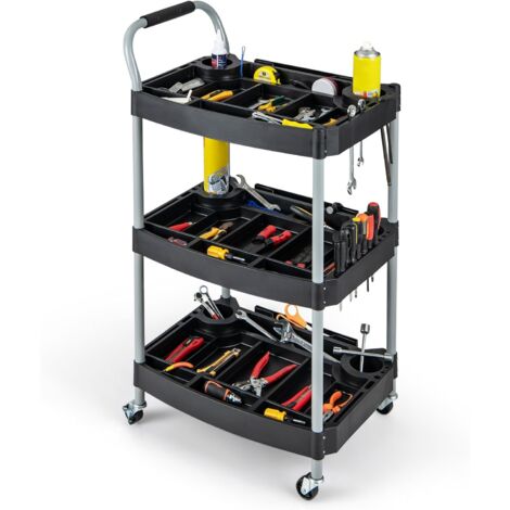 COSTWAY Chariot Servante d'Atelier à 3 Niveaux avec Roues Universelles, Chariot à Outils Roulant Séparateur Multiple Poignée en Éponge Charge 45KG, 59 x 45 x 107 cm, Noir
