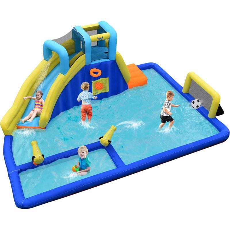 COSTWAY Château Gonflable 6 en 1 avec Escalade Toboggan à Jet d'Eau Grande Piscine Cadre de Football/Basket-ball Souffleur Exclu