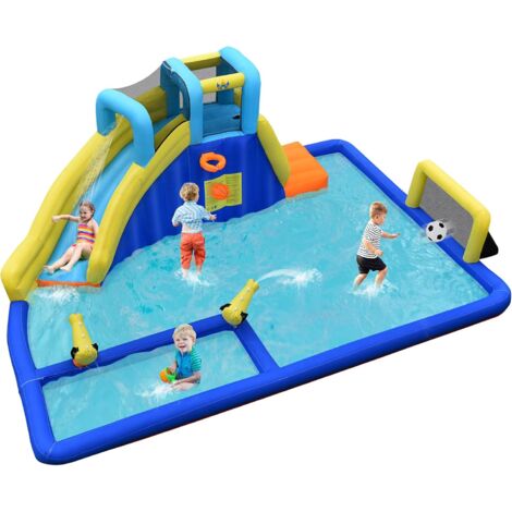 COSTWAY Château Gonflable 6 en 1 avec Escalade Toboggan à Jet d'Eau Grande Piscine Cadre de Football/Basket-ball Souffleur Exclu