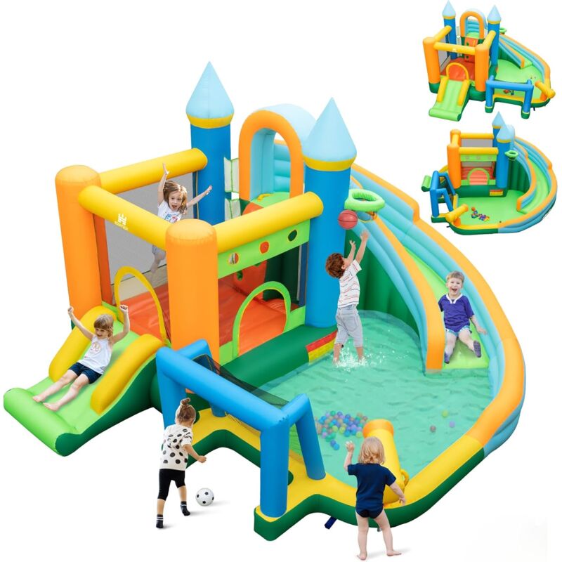 Château Gonflable Aquatique avec 2 Toboggan & Zone de Saut, Aire de Jeux Gonflable avec Mur d'escalade & Canon à Eau, Piscine & 50 Boules Océaniques,