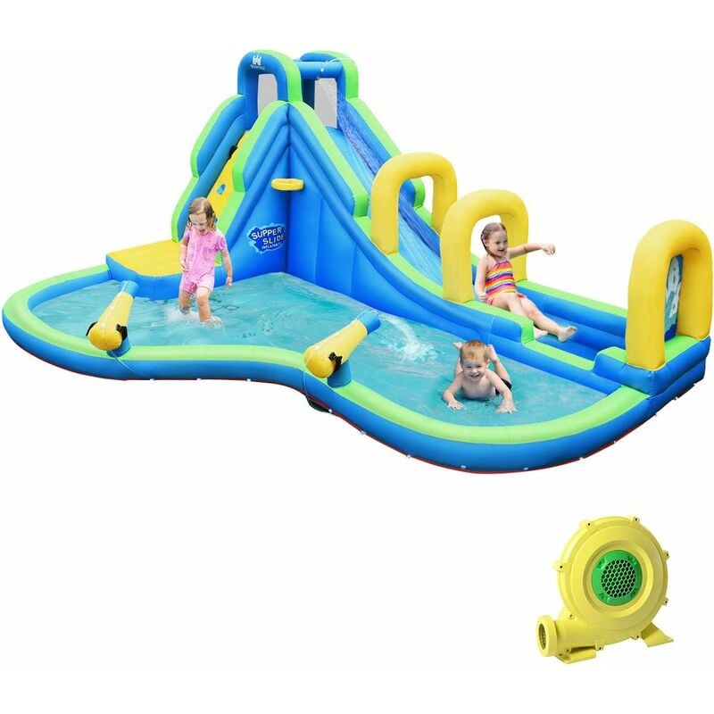 Château Gonflable avec Toboggan Aquatique/Pistolet de l'eau Fait en Polyester-Convient pour 4 Enfants de 4 à 12 Ans-Charge Max.120 kg (avec Gonfleur)