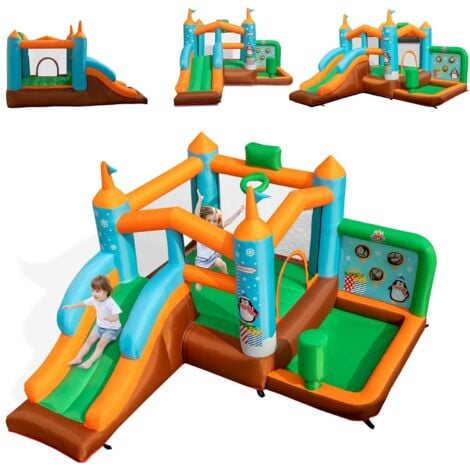 COSTWAY Château Gonflable avec Toboggan pour Enfants 3-12 Ans Thème Pingouins, Aire de Jeux avec Panier de Basket-Ball Colonne de Boxe, 8 Piquets pour Cour Pelouse, Charge 90KG (sans Souffleur)