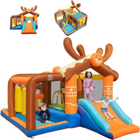 COSTWAY Château Gonflable avec Toboggan pour Enfants 3-12 Ans Thème Renne, Aire de Jeux 2 Panier de Basket-Ball Colonne de Boxe, 10 Piquets pour Cour Pelouse, Charge 120KG (sans Souffleur)