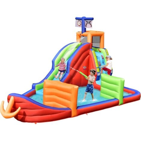 COSTWAY Château Gonflable Bateau Pirate 6 en 1, 316,5 x 428,5 x 286 cm, avec Long Toboggan, Mur d'escalade, Pataugeoire, Jeu de Fléchettes, Lancer d'Anneaux et Pistolets à Eau sans Souffleur/avec Souffleur 680W