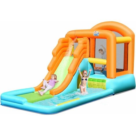 COSTWAY Château Gonflable/Château et aire de jeux gonflable avec Toboggan Aquatique/Aire de Saut Fait en Polyester-Convient pour 3 Enfants de 3 à 10 Ans -Capacité de Charge Max. 90 kg sans Souffleur