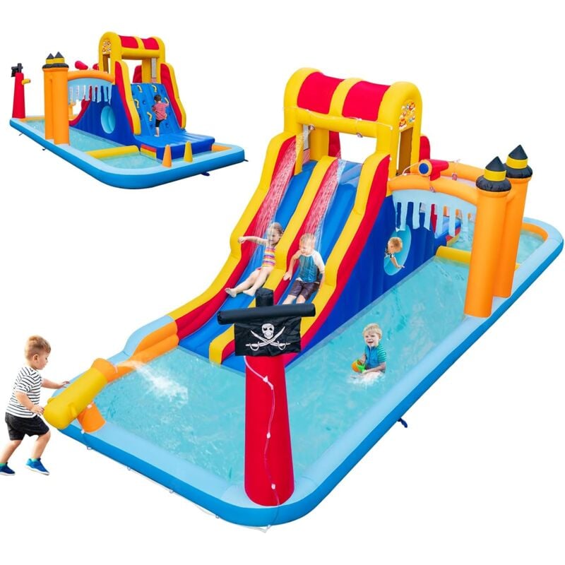 COSTWAY Château Gonflable en Forme Boîte avec Toboggan Aquatique & Mur d’Escalade, Aire de Jeux Gonflable avec Canon à Eau, Charge 90kg pour 3