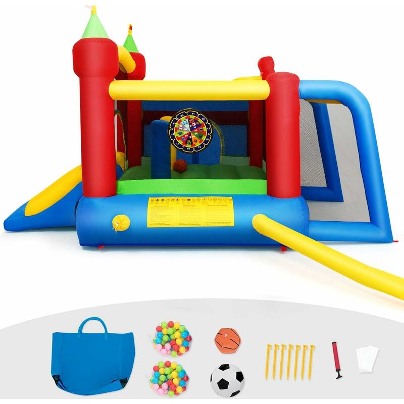 COSTWAY Château Gonflable Grande Aire de Jeux Multifonctionnel en Nylon et Oxford avec Toboggan,Boules et Sac 380 x 305 x 215 CM