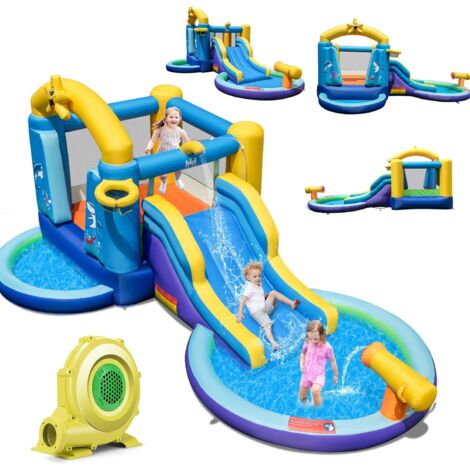 Costway – Château gonflable océan 6 en 1 avec toboggan aquatique – 2 piscines – Souffleur 680W – Charge 90kg pour 2 enfants de 3-10 ans