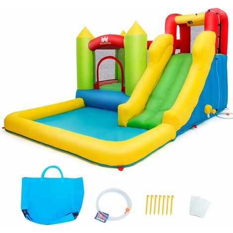COSTWAY Château Gonflable pour 3 Enfants 3-10 Ans avec Aires de Jeux Multiples et Kit de Réparation Charge Max 135KG Extérieur Souffleur Non-inclus