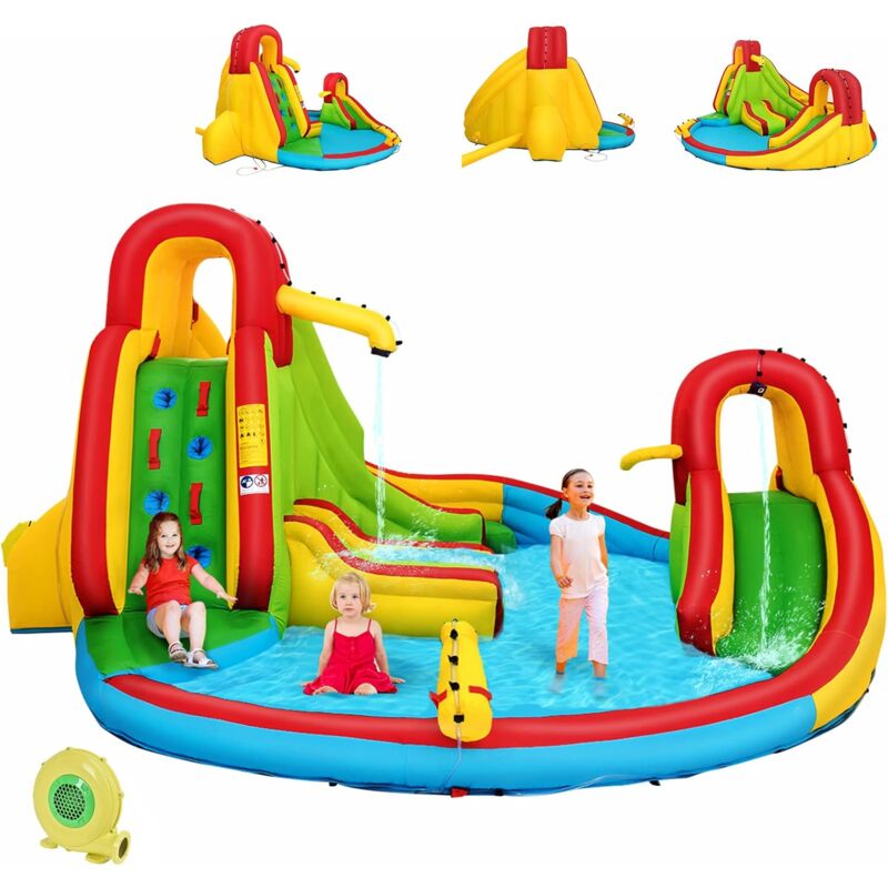 Costway - Château Gonflable pour 3 Enfants avec Souffleur 680W,2 Toboggans,Bassin d'Eclaboussement,Canon à Eau Charge Max 160KG