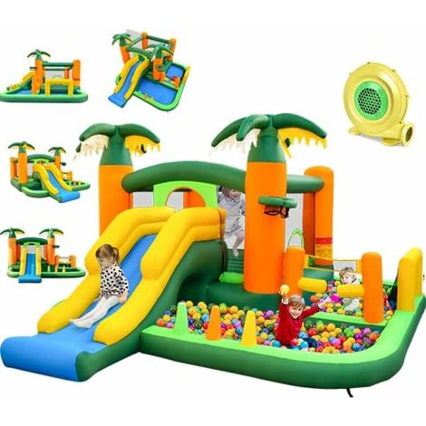 COSTWAY Château Gonflable Tropical 8 en 1 avec Toboggan Long, Maison de Saut Gonflable sur Thème Palmier avec 50 Balles Océaniques, 2 Piscines à Balles, Charge 180 kg pour 4 Enfants de 3-5 Ans