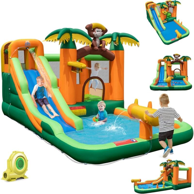 Château Gonflable Tropical à Thème Singe & Palmier avec Toboggan Aquatique, Maison de Saut Gonflable avec Piscine & 50 Boules, Charge 90kg pour 2