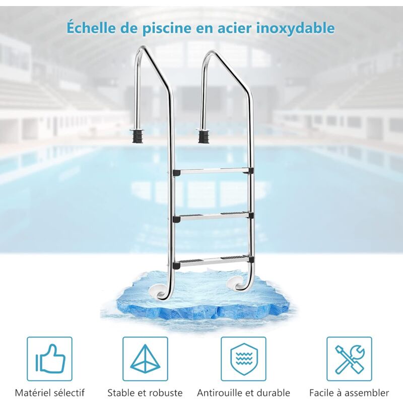 Chelle de Piscine à 3 Niveaux 147cm en Acier Inoxydable avec Marches Antidérapantes et Mains Courantes Confortables - Costway