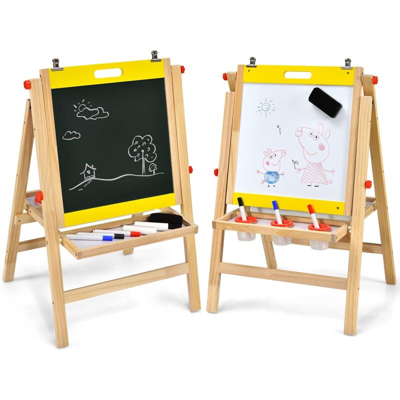 Costway - Chevalet d'Art 3-en-1 pour Enfants de 3+Ans avec Hauteur Réglable sur 5 Positions, Plateau de Rangement et Tableau à 2 Faces