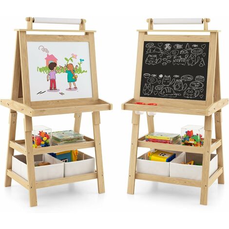 Costway – Chevalet pour enfants 3 en 1 – Tableau de dessin double face avec rouleau de papier – 2 étagères et 2 bacs de rangement – MDF naturel