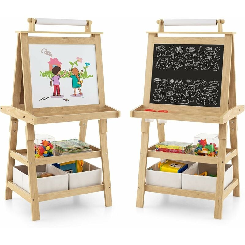 Costway - Chevalet pour Enfants 3 en 1 Tableau de Dessin Magnétique Double Faces (Tableau Blanc/Noir) avec Rouleau de Papier, 2 Etagères, 2 Boîtes de