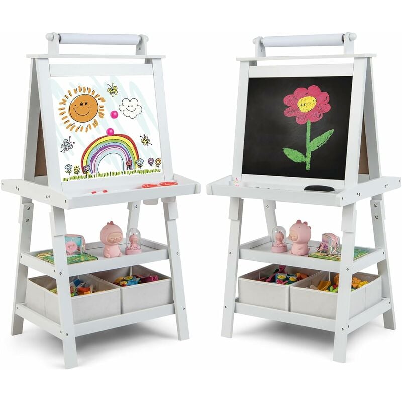 Chevalet pour Enfants 3 en 1 Tableau de Dessin Magnétique Double Faces (Tableau Blanc/Noir) avec Rouleau de Papier, 2 Etagères, 2 Boîtes de