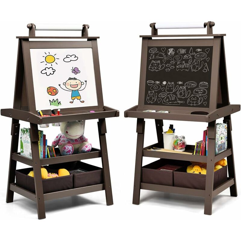 Chevalet pour Enfants 3 en 1 Tableau de Dessin Magnétique Double Faces (Tableau Blanc + Tableau Noir) avec Rouleau de Papier Café - Costway