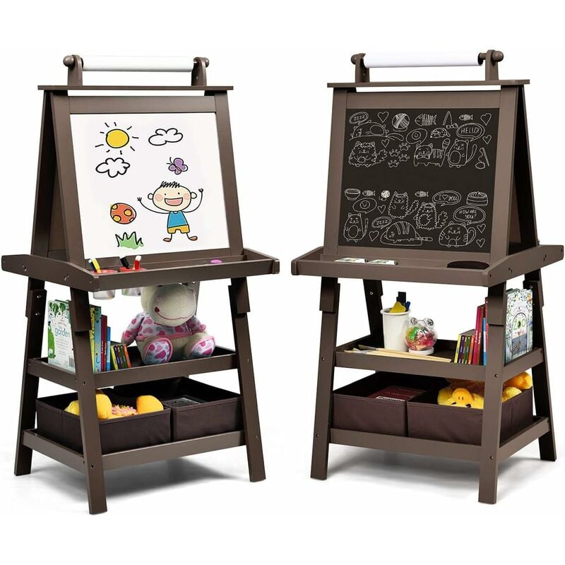 Chevalet pour Enfants 3 en 1 Tableau de Dessin Magnétique Double Faces (Tableau Blanc + Tableau Noir) avec Rouleau de Papier Café - Costway