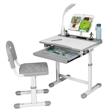 COSTWAY Childrens Study Desk & Chair Set  Student Height Adjustable Table Grey