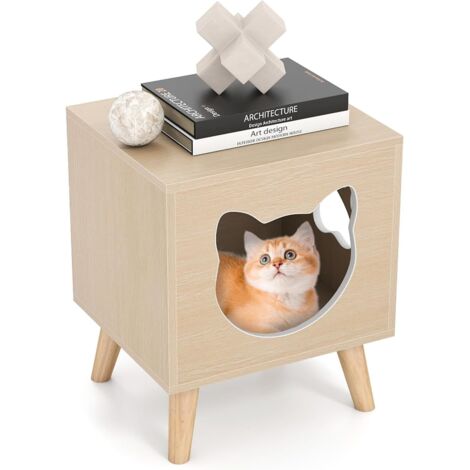 COSTWAY Chiusura per Lettiera Gatto, Mobile Moderno per Gattini con Parte Superiore Rimovibile, Buco e Finestra a Forma di Zampa, Gambe in Legno di Caucciù, Comodino Laterale, 45 x 40 x 54 cm