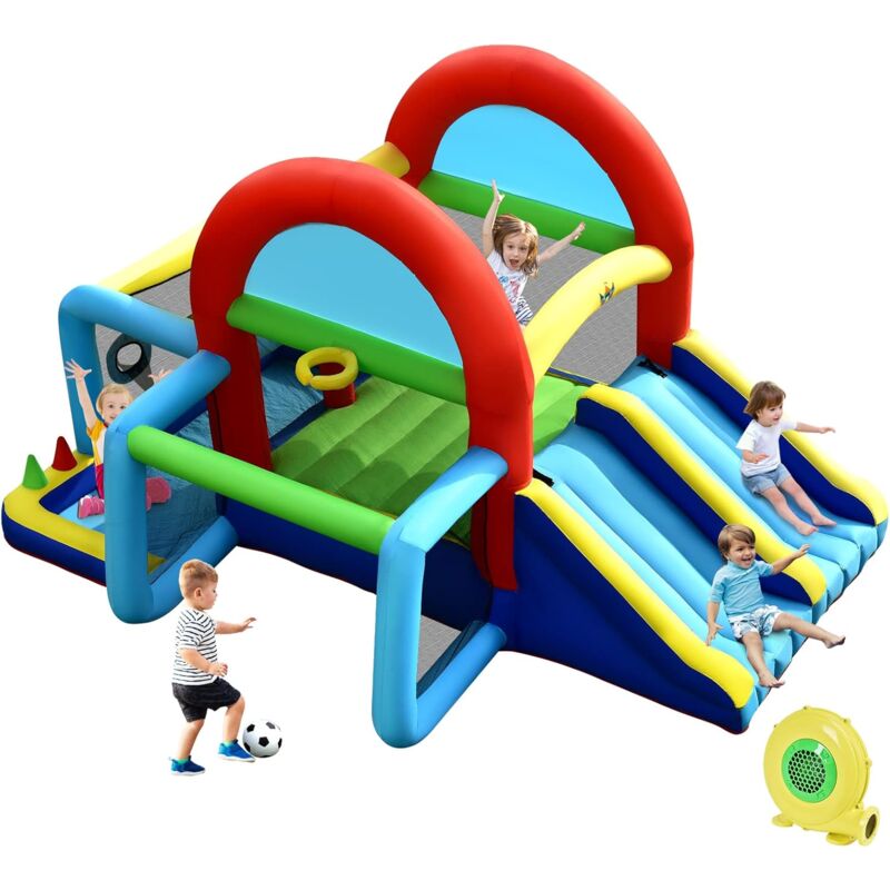 Costway - Château Gonflable avec Auvent Zone de Saut Double Toboggan Mur d'escalade,Piscine à Balles But de Football,Panier Jeu de Cible et Lancer