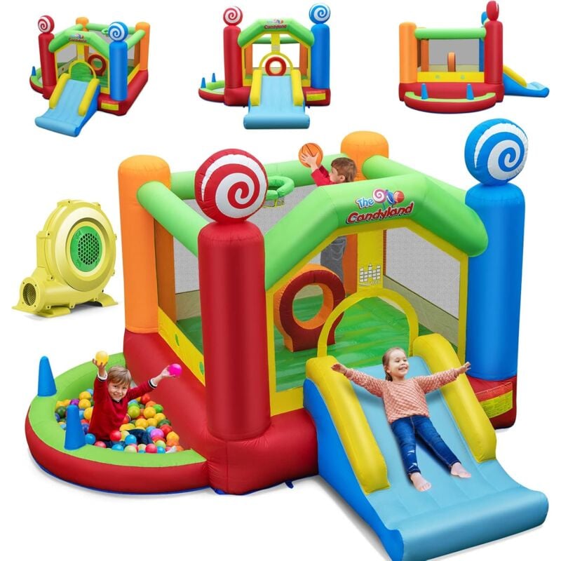 Château Gonflable avec Souffleur 680W, Maison de Saut Géante Intérieure Extérieure avec Toboggan, Décorations de Sucette, 50 Balles Océanique, Panier