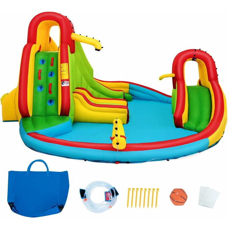 Costway - Château Gonflable pour 3 Enfants 3-10 Ans avec 2 Toboggans,Bassin d'Eclaboussement, Terrain de Basket Charge Max160KG Extérieur Souffleur